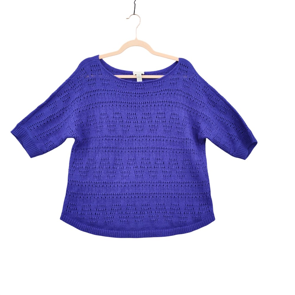 Chicos Women Coastal Wool Mohair Pointelle Knit Sweater 2 US L Blue Short Sleeve